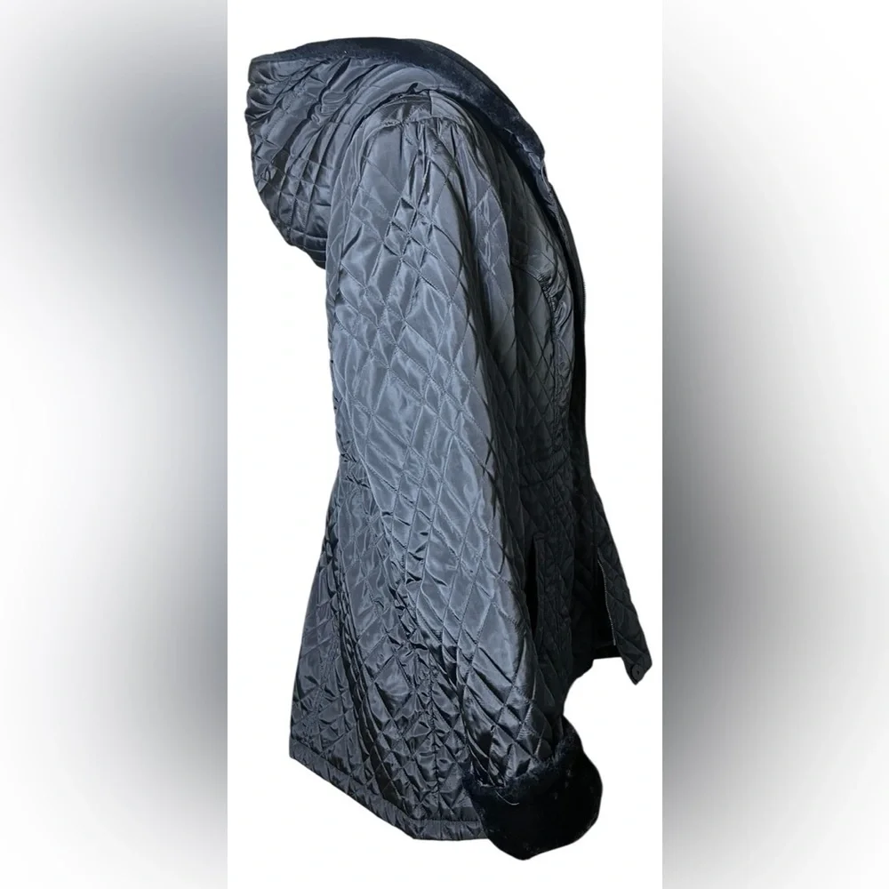 Dennis Basso NEW Women's XL Black Quilted Faux Fur Trim Hooded Coat‎ Drawstring